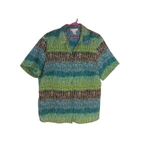 Allison Daley Top 18 Green‎ Button Down Crinkle Seersucker Vented Short Sleeve